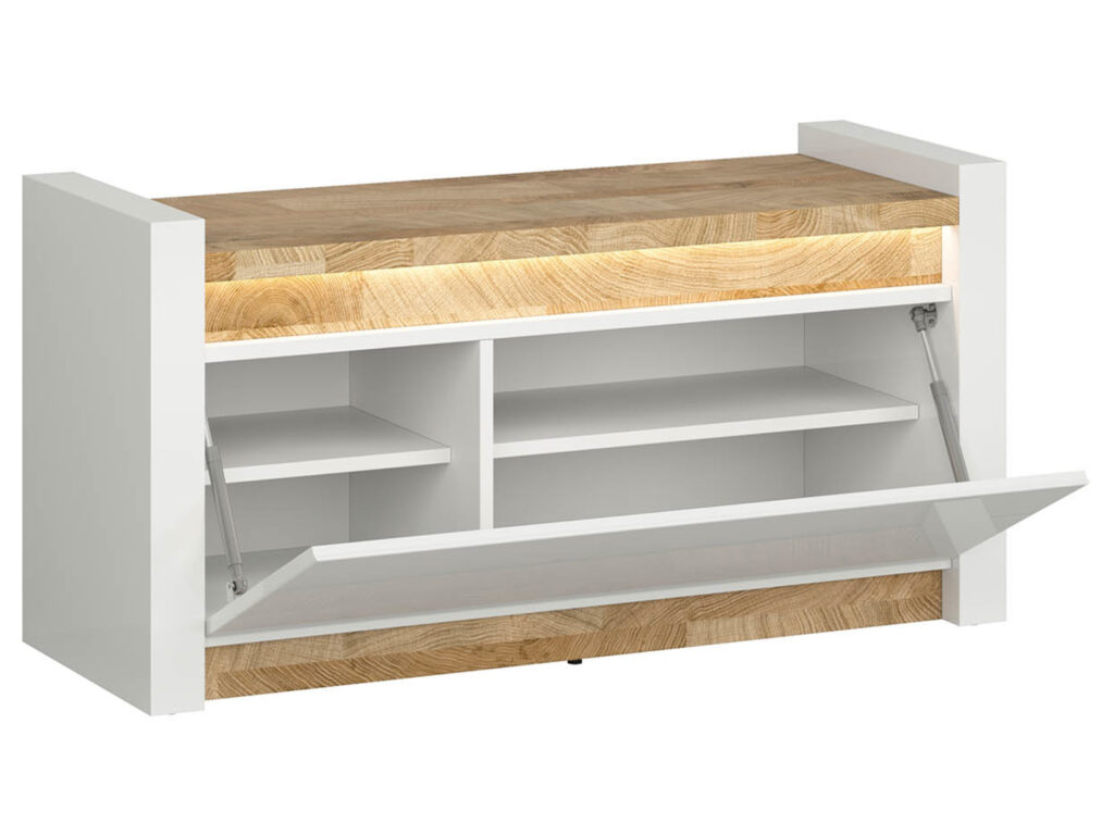 Hallway Shoe Storage Bench Cabinet Drop Down Door Modern White Gloss and Oak Effect LED Lights - Alameda