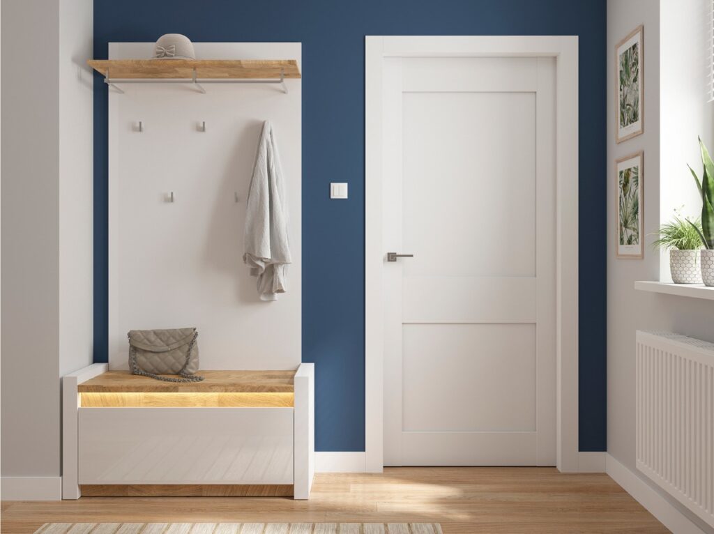 Hallway Shoe Storage Bench Cabinet Drop Down Door Modern White Gloss and Oak Effect LED Lights - Alameda