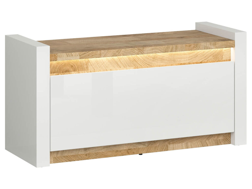 Hallway Shoe Storage Bench Cabinet Drop Down Door Modern White Gloss and Oak Effect LED Lights - Alameda
