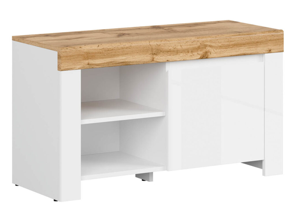 Shoe Cabinet Storage White Gloss Small Lowboard Hallway Unit Oak Effect Scandi - Holten