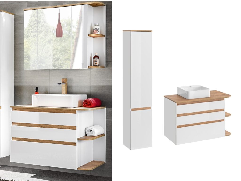 White Gloss Bathroom Cabinets Furniture Set Tall Cabinet Wall Hung Vanity Sink Unit Oak Worktop - Platinum