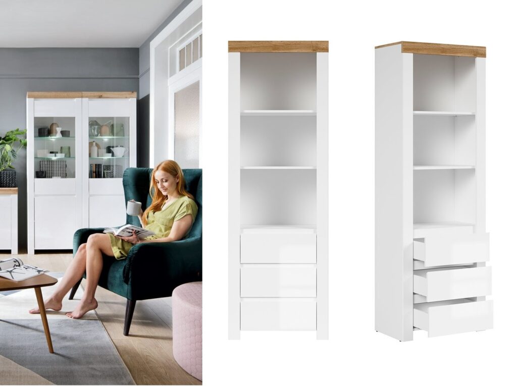 Tall Shelving Unit Slim Narrow Bookcase White Gloss Cabinet 3 Drawers Oak Scandi Living Room Storage - Holten