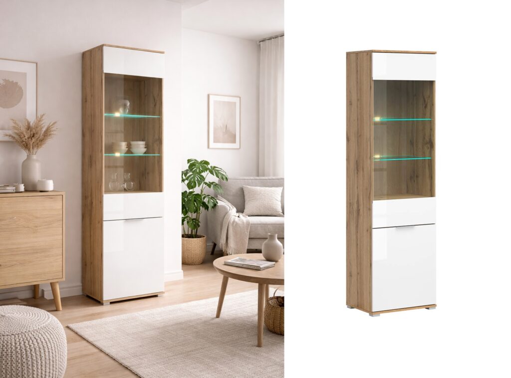 Tall Glass Display Cabinet Narrow Slim Glazed Unit with LED Lights Modern White Gloss and Oak - Zele