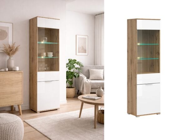 Tall glass display cabinet narrow slim buffet unit with led light white gloss and oak glazed