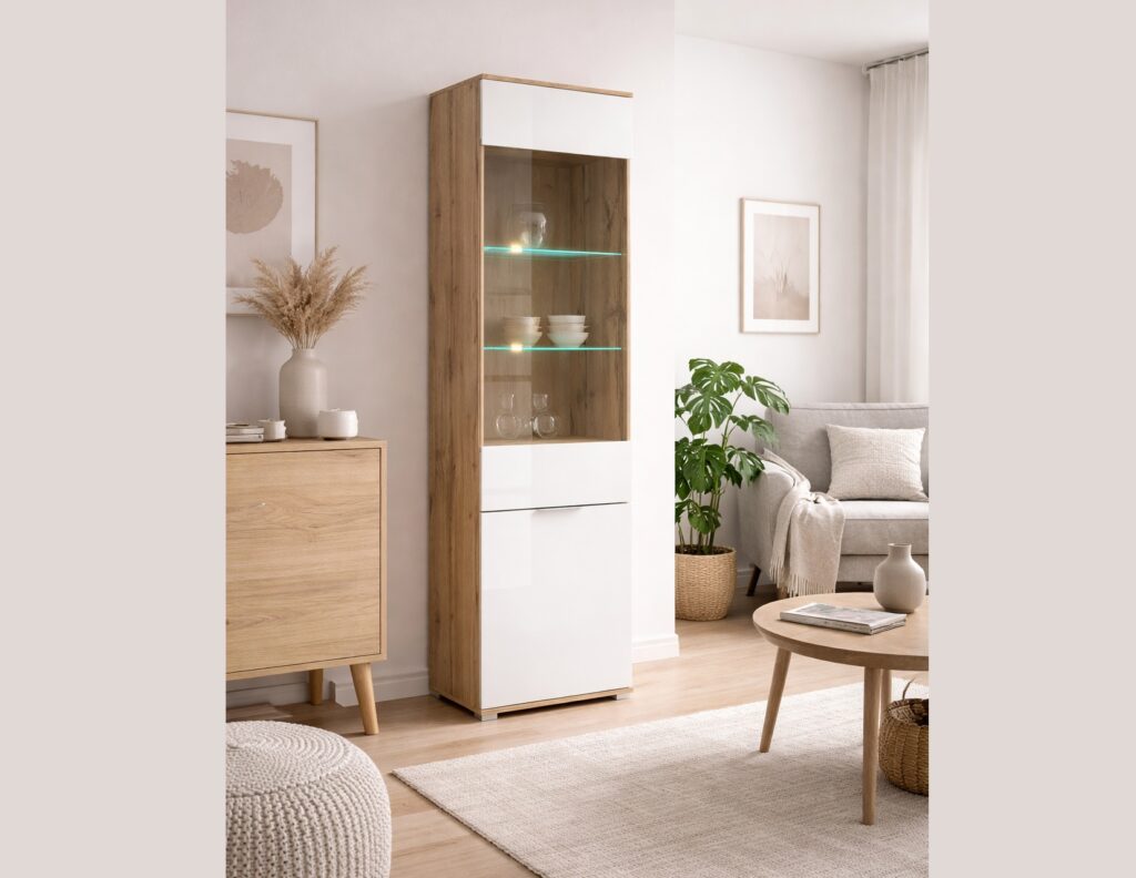 Tall Glass Display Cabinet Narrow Slim Glazed Unit with LED Lights Modern White Gloss and Oak - Zele