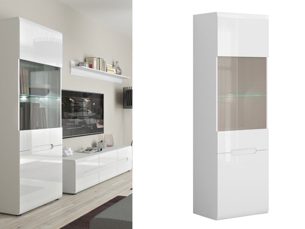 Tall Glass Display Cabinet and Large Sideboard Living Room Furniture Set with LED Lights White Gloss - Azteca