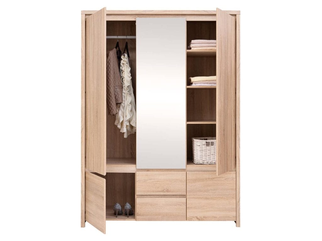 Triple Wardrobe with Drawers and Mirror Modern 3 Door Handlless Storage Sonoma Oak - Kaspian