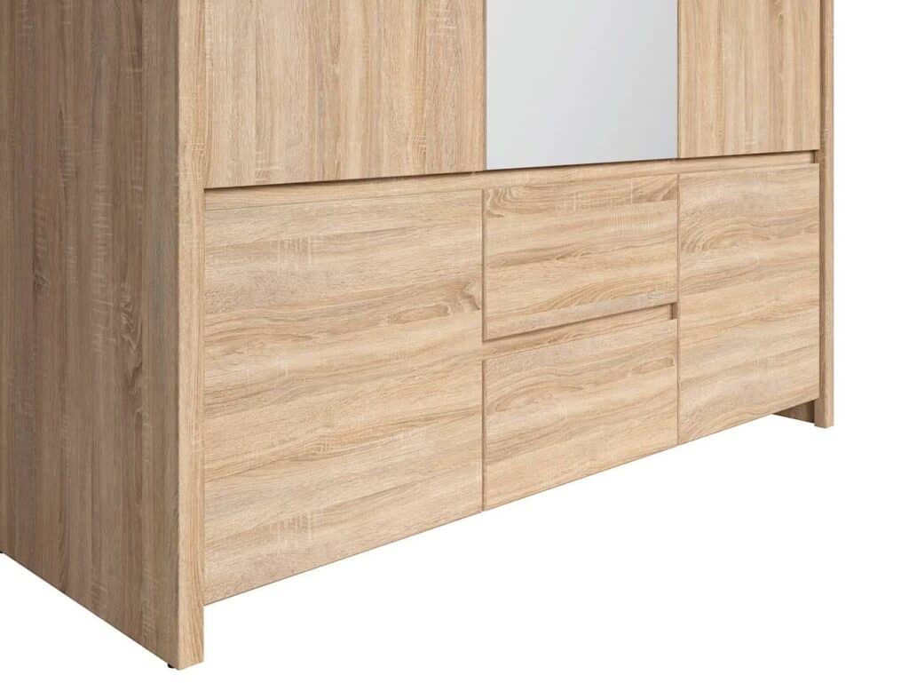 Triple Wardrobe with Drawers and Mirror Modern 3 Door Handlless Storage Sonoma Oak - Kaspian