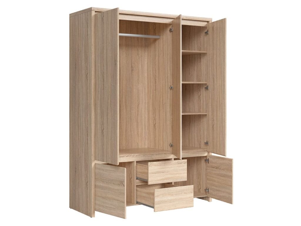 Triple Wardrobe with Drawers and Mirror Modern 3 Door Handlless Storage Sonoma Oak - Kaspian