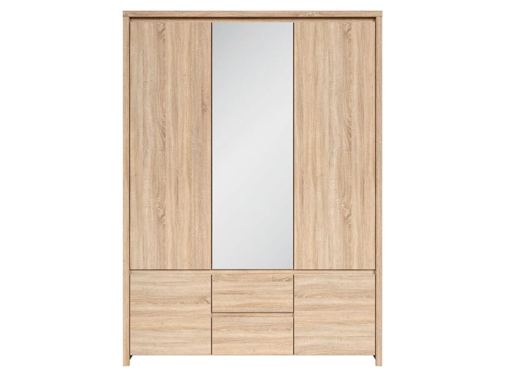 Triple Wardrobe with Drawers and Mirror Modern 3 Door Handlless Storage Sonoma Oak - Kaspian