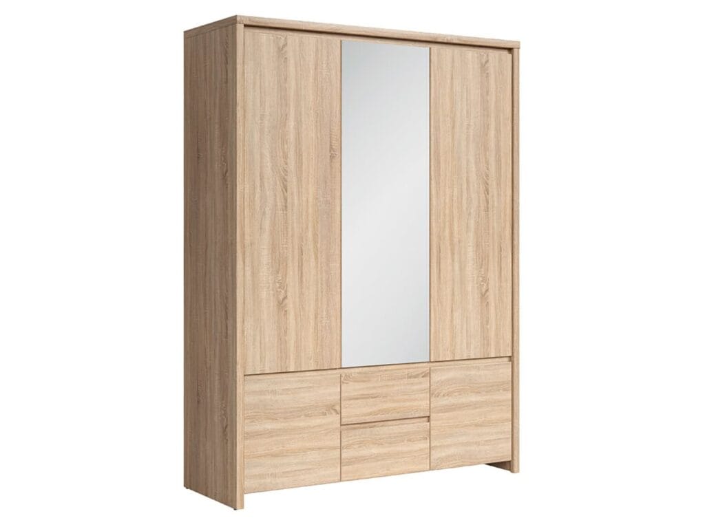 Triple Wardrobe with Drawers and Mirror Modern 3 Door Handlless Storage Sonoma Oak - Kaspian