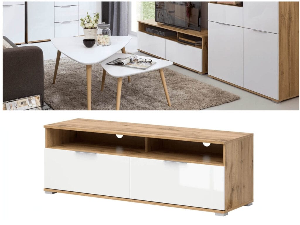 Modern Small TV Stand White Gloss Cabinet with Drawers Oak Unit Oak Media Table - Zele