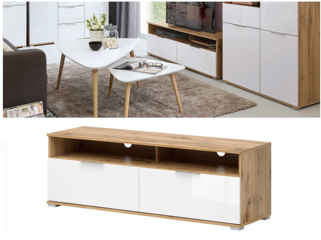 Modern Small TV Stand White Gloss Cabinet with Drawers Oak Unit Oak Media Table - Zele