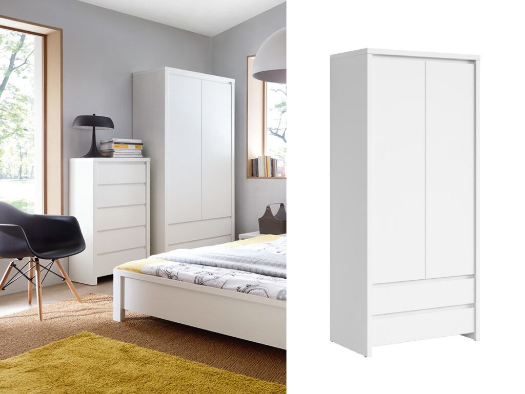 White Double Wardrobe Modern Two Door Bedroom Storage with Drawers Handleless Design - Kaspian