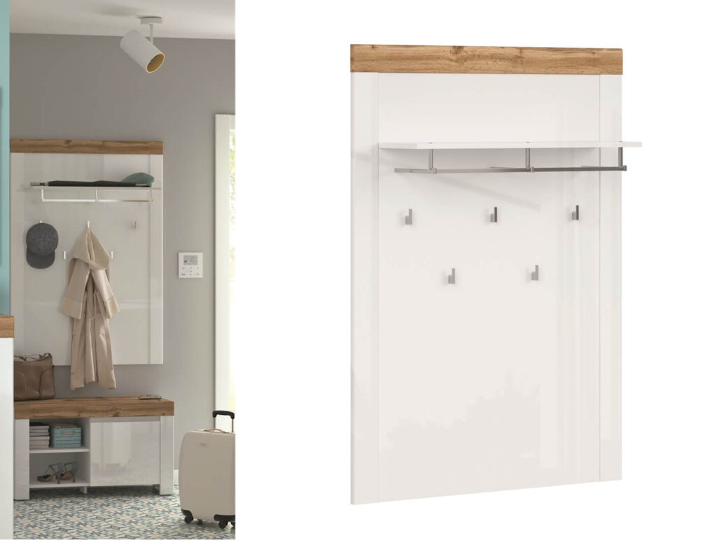 Wall Coat Hooks White Gloss Wall Coat Hanger Shelf Panel Slim Storage Oak Effect Scandi Hallway - Holten