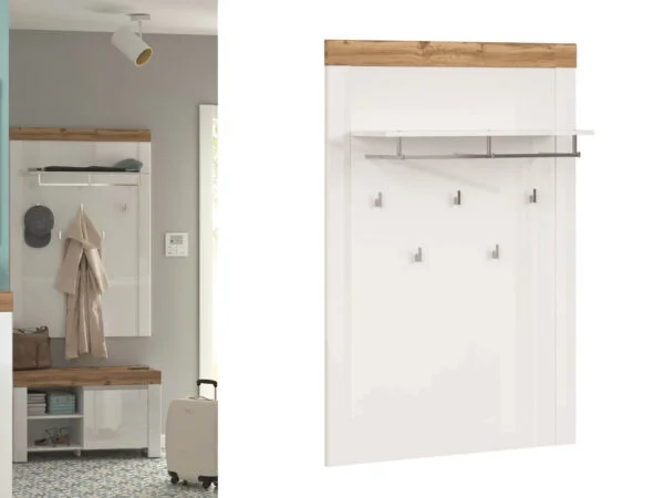 wall coat hooks panel shelf hallway entrance hall white gloss furniture