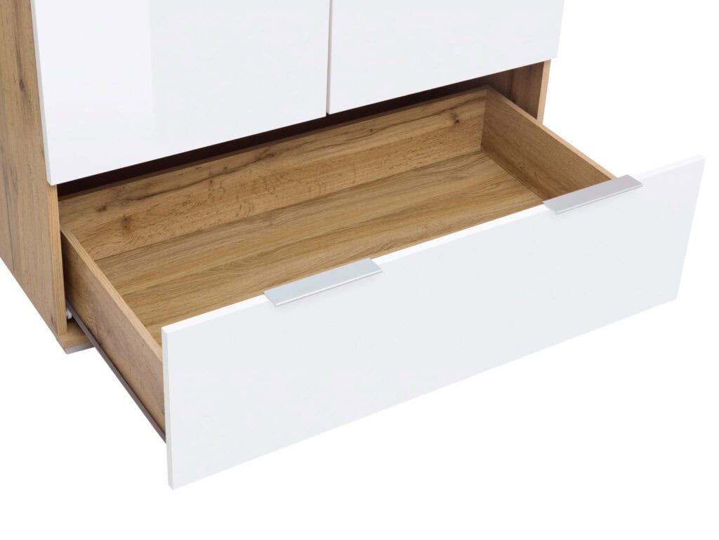 2 Door Wardrobe with Drawers Double Wardrobe White Gloss and Oak Effect 90cm - Zele