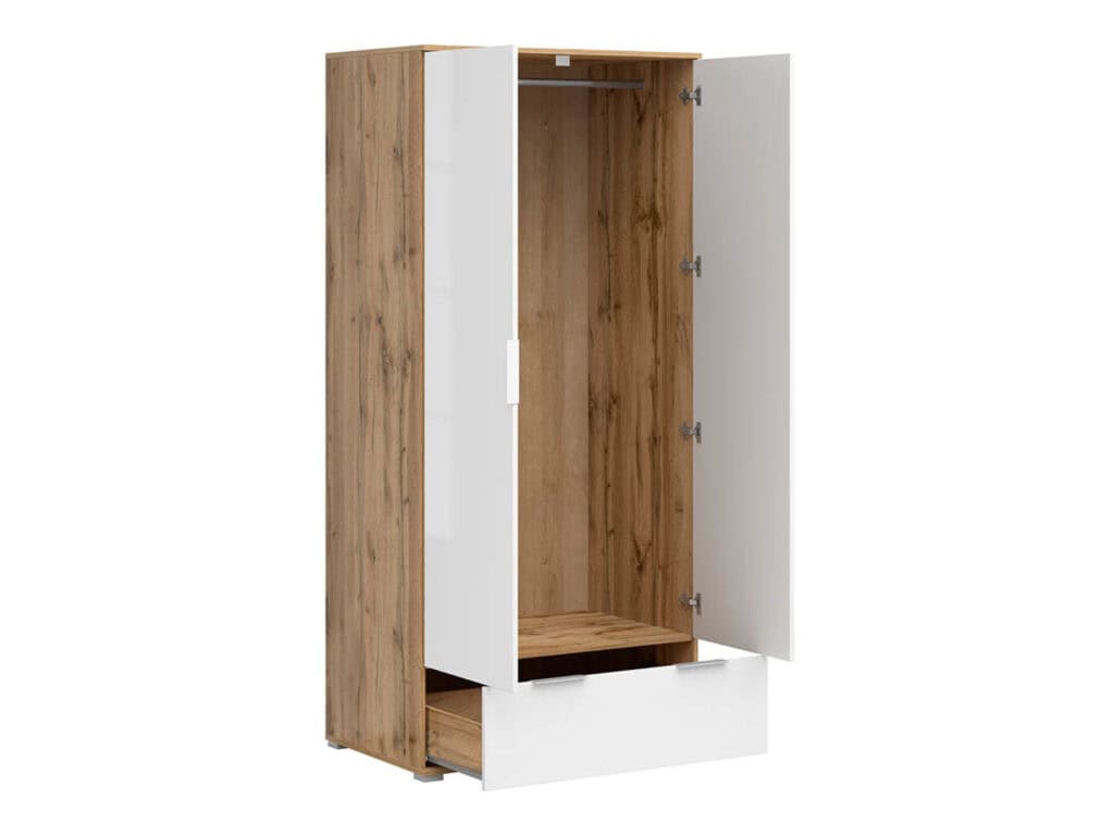 2 Door Wardrobe with Drawers Double Wardrobe White Gloss and Oak Effect 90cm - Zele