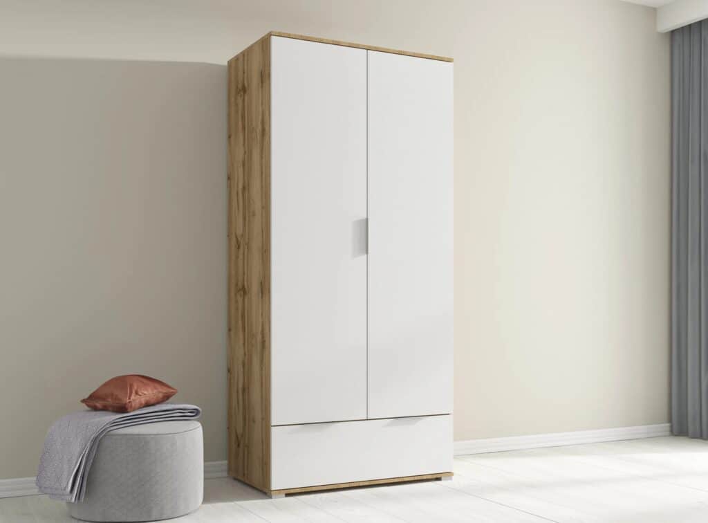 2 Door Wardrobe with Drawers Double Wardrobe White Gloss and Oak Effect 90cm - Zele