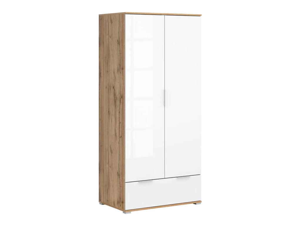 2 Door Wardrobe with Drawers Double Wardrobe White Gloss and Oak Effect 90cm - Zele