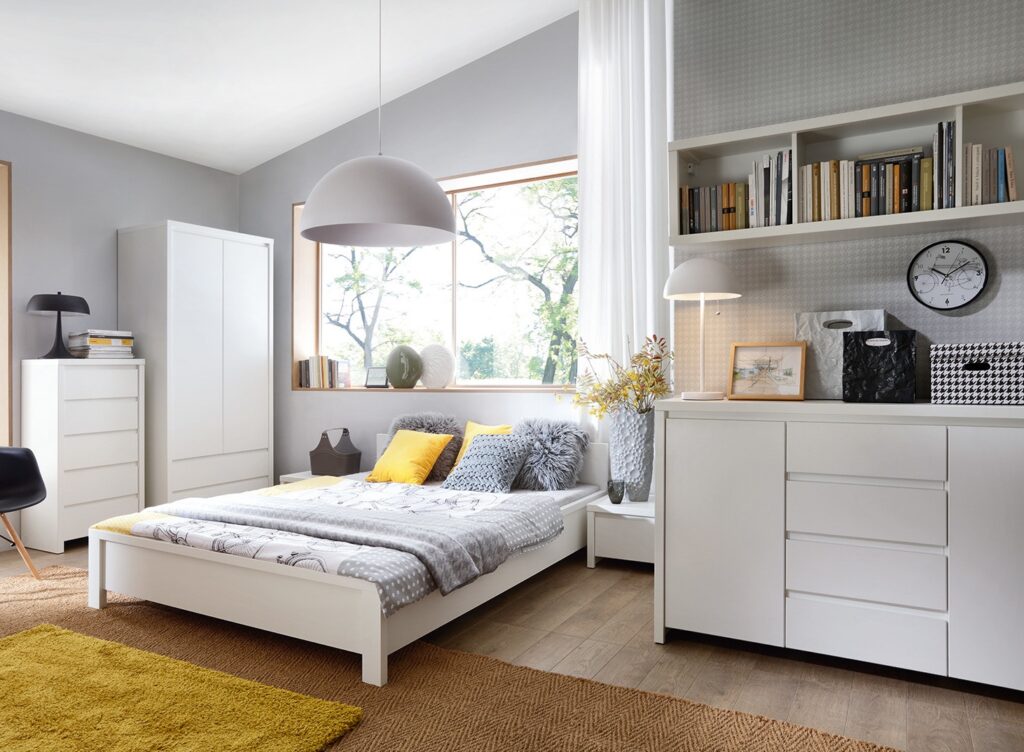 White King Size Bedroom Furniture Set with Bed Frame Sideboard Wardrobe and Bedside Modern Handless - Kaspian