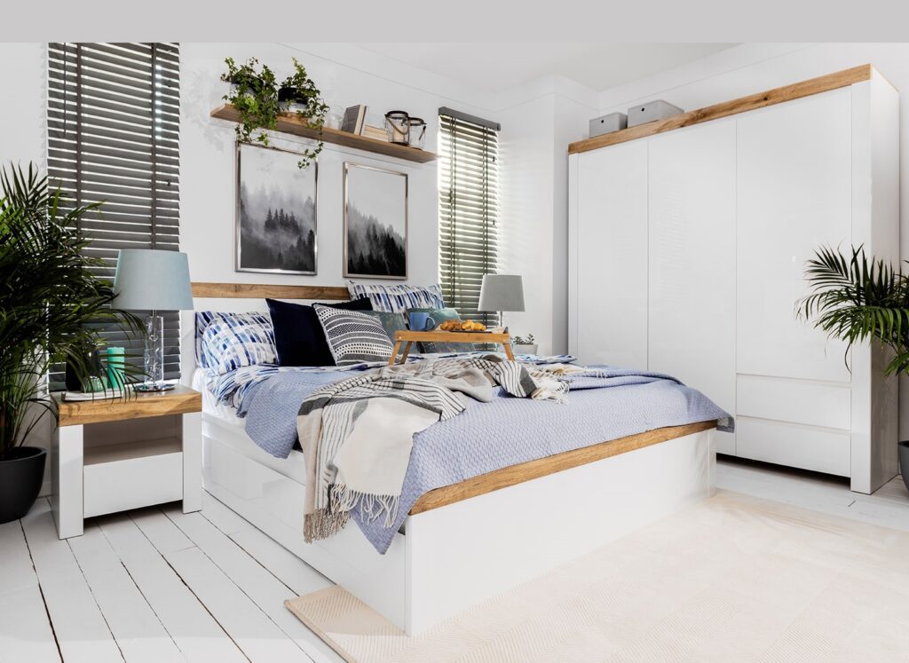 Super King Size Bed Frame White Gloss and Oak High Headboard 180cm Euro Wooden Slats Scandi - Holten