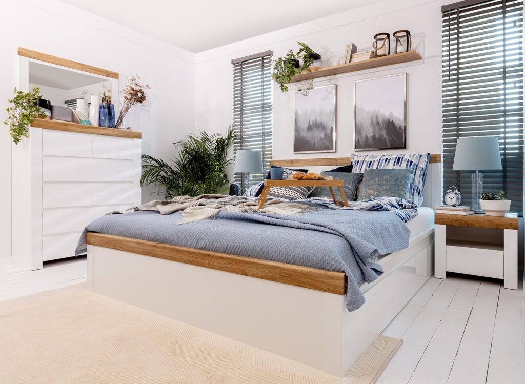 Super King Size Bed Frame White Gloss and Oak High Headboard 180cm Euro Wooden Slats Scandi - Holten