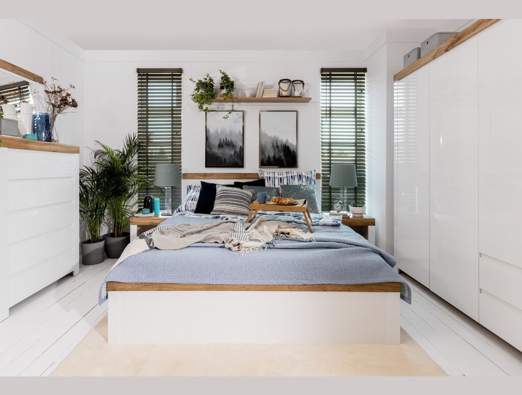 Super King Size Bed Frame White Gloss and Oak High Headboard 180cm Euro Wooden Slats Scandi - Holten