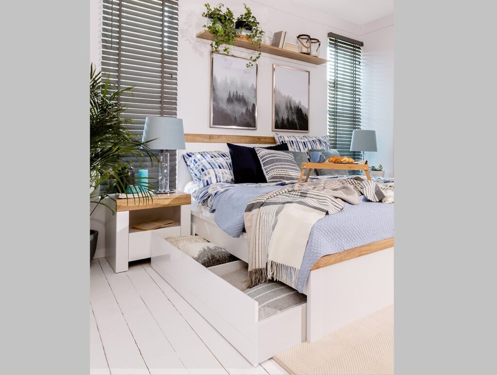 Super King Size Bed Frame White Gloss and Oak High Headboard 180cm Euro Wooden Slats Scandi - Holten