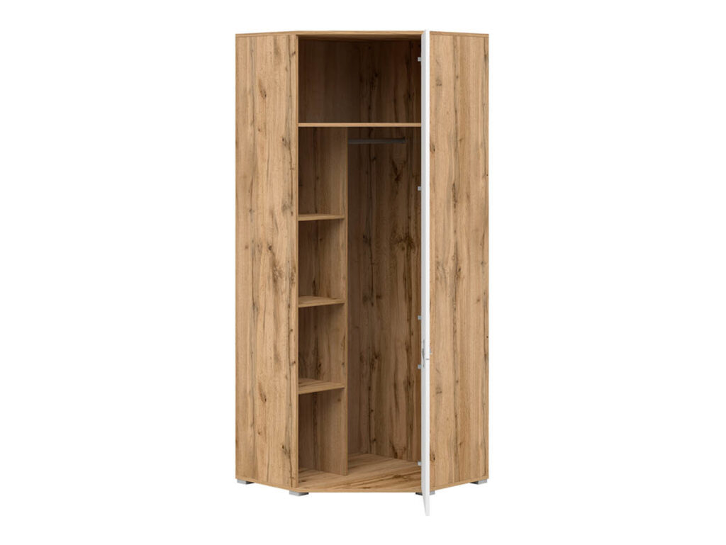 White Gloss Corner Wardrobe L Shaped Single Wardrobe with Rail Modern Compact 1 Door Oak Bedroom Storage - Zele