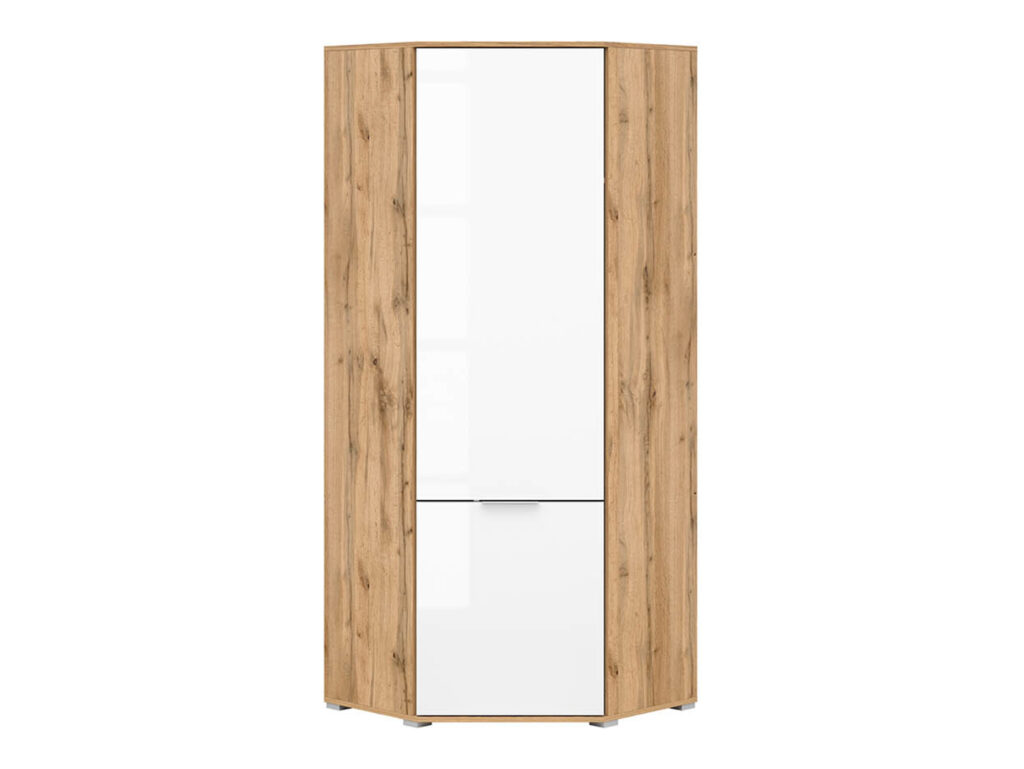 White Gloss Corner Wardrobe L Shaped Single Wardrobe with Rail Modern Compact 1 Door Oak Bedroom Storage - Zele