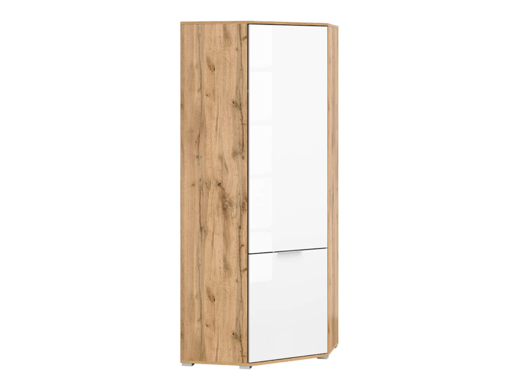 White Gloss Corner Wardrobe L Shaped Single Wardrobe with Rail Modern Compact 1 Door Oak Bedroom Storage - Zele