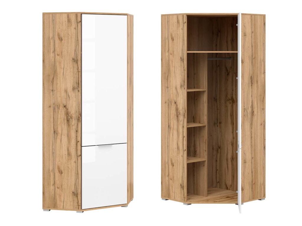 White Gloss Corner Wardrobe L Shaped Single Wardrobe with Rail Modern Compact 1 Door Oak Bedroom Storage - Zele