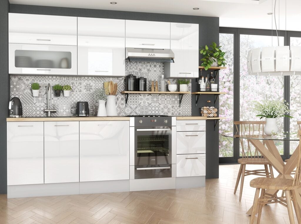 Modern Kitchen Cabinets Cupboards Set of 7 Units White High Gloss Complete 240cm Kitchen - Ella
