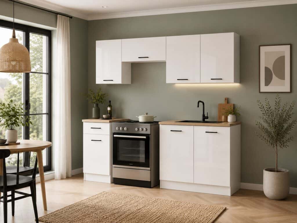 Kitchen Cabinet Set Modern Freestanding Cupboards 5 Units 180cm White Chalk Gloss - Junona