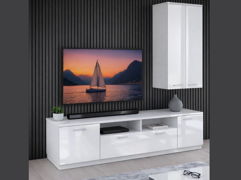 White Gloss TV Unit Modern Cabinet with Storage Wide Media Entertainment Stand – Sol