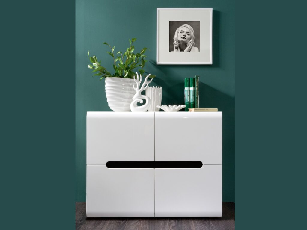 White High Gloss Sideboard Small Cabinet Square Storage Unit with Black Gloss and Dark Wooden Insert - Azteca