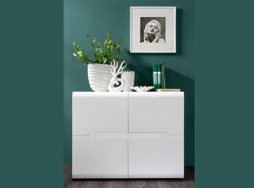 White High Gloss Sideboard Small Cabinet Square Storage Unit with Black Gloss and Dark Wooden Insert - Azteca