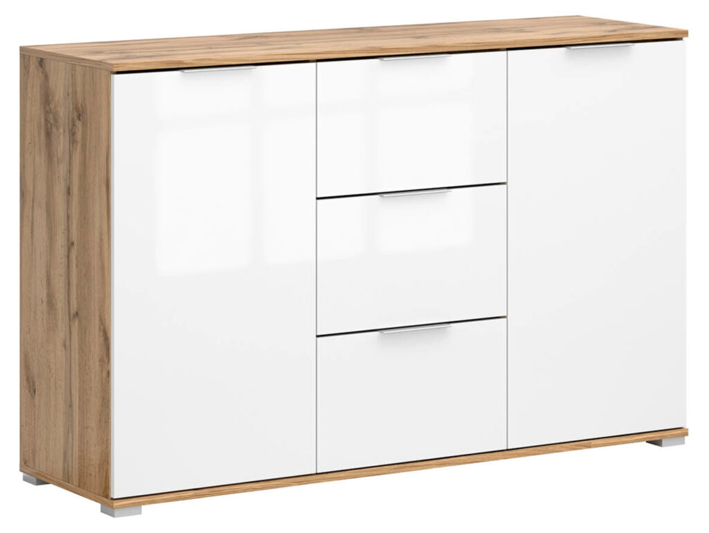 White Gloss Sideboard with Drawers Dresser Cabinet 4 Drawer Oak Storage Living Room Bedroom Unit 135cm - Zele
