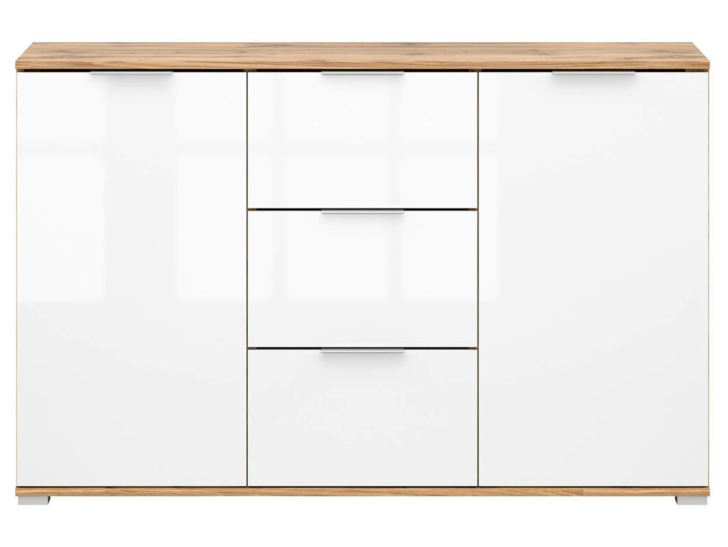 White Gloss Sideboard with Drawers Dresser Cabinet 4 Drawer Oak Storage Living Room Bedroom Unit 135cm - Zele