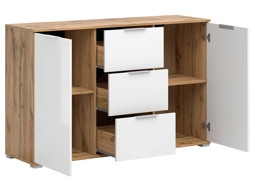 White Gloss Sideboard with Drawers Dresser Cabinet 4 Drawer Oak Storage Living Room Bedroom Unit 135cm - Zele