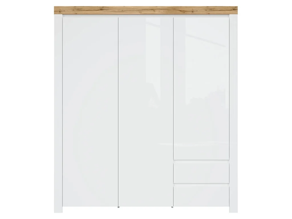 White Gloss Triple Wardrobe 3 Door Bedroom Storage with Drawers Oak Scandi Style - Holten