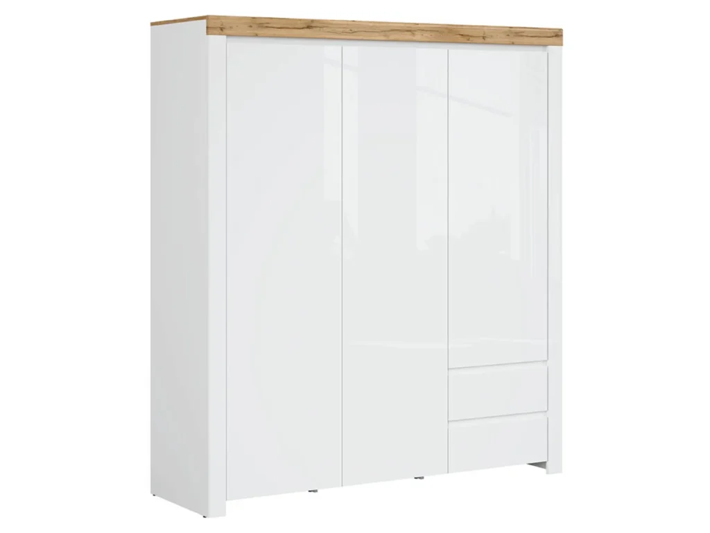 White Gloss Triple Wardrobe 3 Door Bedroom Storage with Drawers Oak Scandi Style - Holten