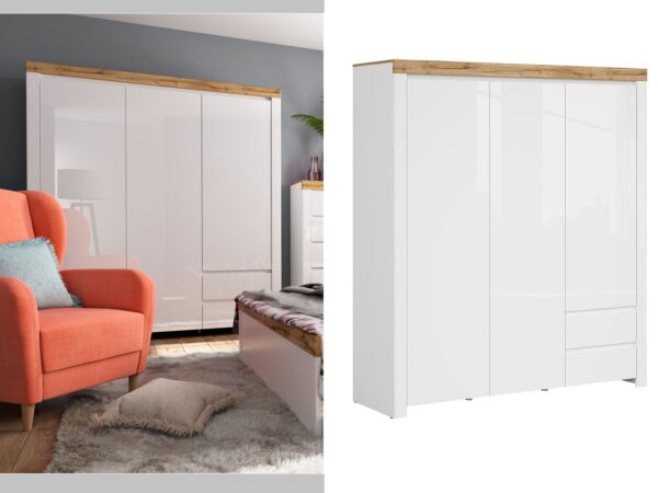 white gloss triple wardrobe 3 door storage with drawers scandi