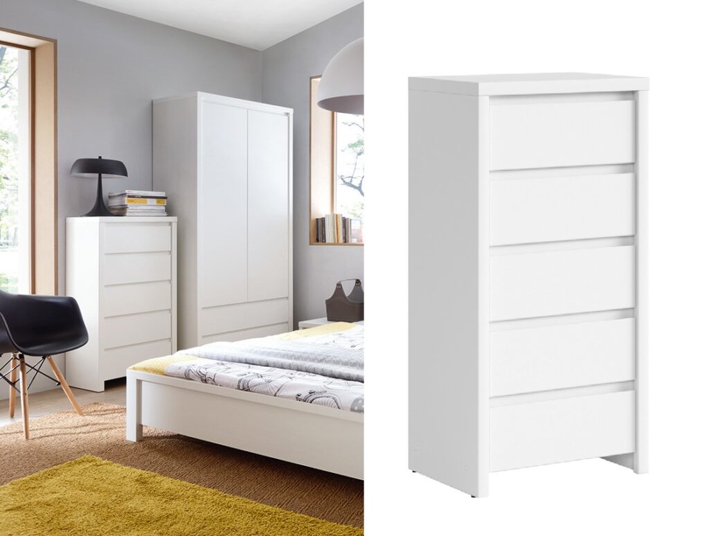 White Tallboy Chest of Drawers 5 Drawer Tall Slim Storage Modern Handless Bedroom Living Room Unit - Kaspian