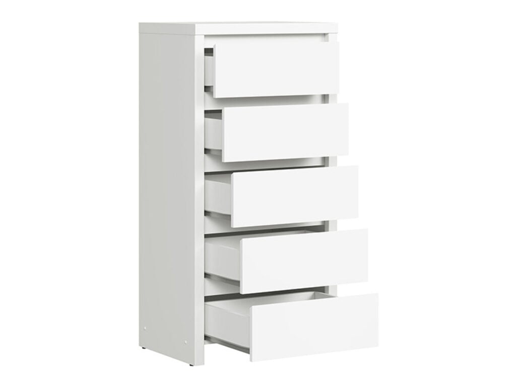 White Tallboy Chest of Drawers 5 Drawer Tall Slim Storage Modern Handless Bedroom Living Room Unit - Kaspian