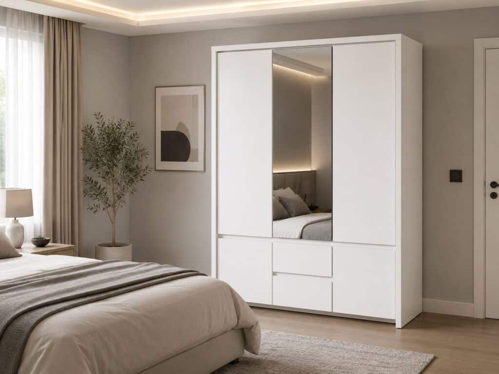 White Wardrobe With Drawers 3 Door Triple Wardrobe with Mirror and Shelves Storage - Kaspian