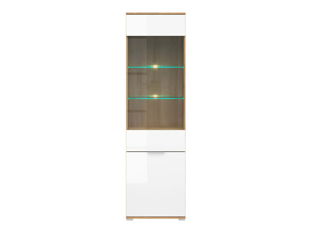 Tall Glass Display Cabinet Narrow Slim Glazed Unit with LED Lights Modern White Gloss and Oak - Zele
