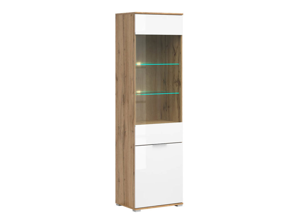 Tall Glass Display Cabinet Narrow Slim Glazed Unit with LED Lights Modern White Gloss and Oak - Zele