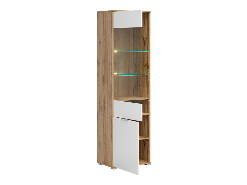Tall Glass Display Cabinet Narrow Slim Glazed Unit with LED Lights Modern White Gloss and Oak - Zele